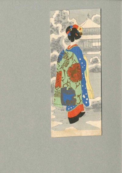 画像1: 木版　絵封筒 　美人画　戦前　青い着物の女性　雪